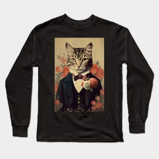 Floral Cat in Suit Portrait Vintage Art Long Sleeve T-Shirt